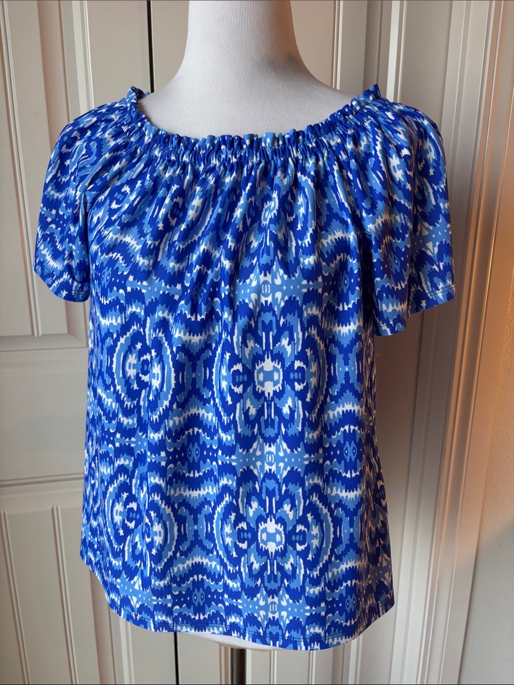 Jude Connally Royal Blue and White Off-the-Shoulder Ikat Top